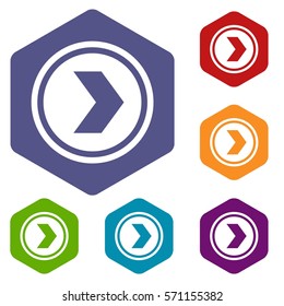 Arrow to right in circle icons set rhombus in different colors isolated on white background