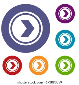 Arrow to right in circle icons set in flat circle reb, blue and green color for web