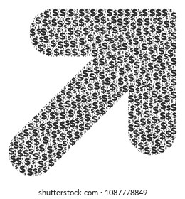 Arrow up right collage of dollars and round spots. Vector banking symbols are organized into arrow up right shape.