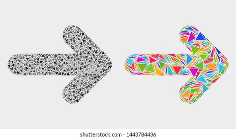 Arrow right collage icon of triangle items which have different sizes and shapes and colors. Geometric abstract vector illustration of arrow right.
