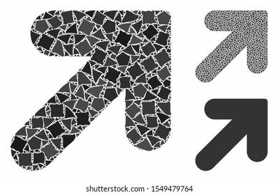Arrow up right composition of trembly elements in various sizes and color tones, based on arrow up right icon. Vector ragged elements are organized into collage.