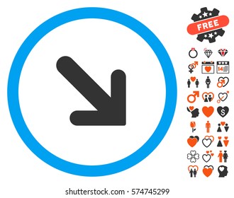 Arrow Right Down pictograph with bonus romantic pictograph collection. Vector illustration style is flat iconic elements for web design, app user interfaces.