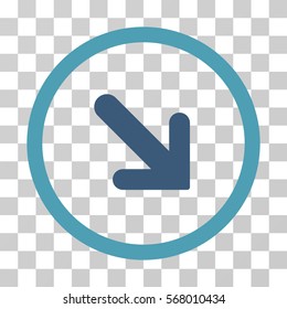 Arrow Right Down rounded icon. Vector illustration style is flat iconic bicolor symbol inside a circle, cyan and blue colors, transparent background. Designed for web and software interfaces.