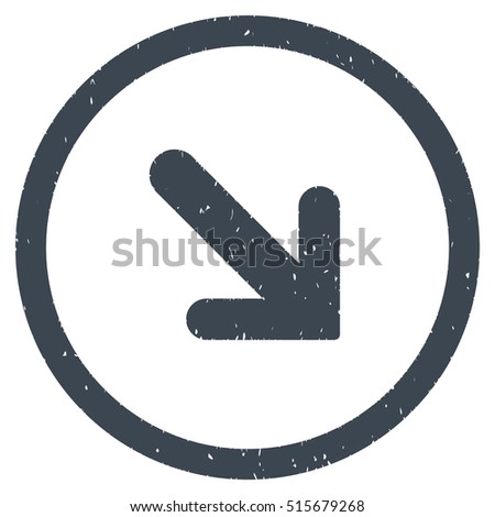 Arrow Right Down rubber seal stamp watermark. Icon symbol inside circle frame with grunge design and corrosion texture. Scratched vector smooth blue ink sticker on a white background.