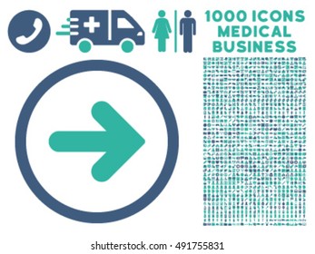 Arrow Right icon with 1000 medical business cobalt and cyan vector pictograms. Set style is flat bicolor symbols, white background.