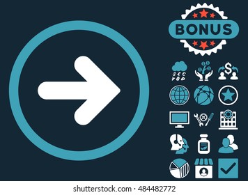 Arrow Right icon with bonus design elements. Vector illustration style is flat iconic bicolor symbols, blue and white colors, dark blue background.