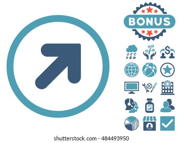 Arrow Up Right icon with bonus design elements. Vector illustration style is flat iconic bicolor symbols, cyan and blue colors, white background.