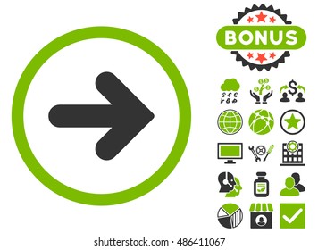 Arrow Right icon with bonus design elements. Vector illustration style is flat iconic bicolor symbols, eco green and gray colors, white background.