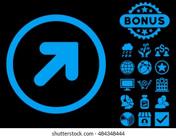 Arrow Up Right icon with bonus pictogram. Vector illustration style is flat iconic symbols, blue color, black background.