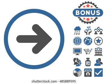 Arrow Right icon with bonus pictogram. Vector illustration style is flat iconic bicolor symbols, cobalt and gray colors, white background.