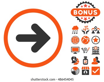 Arrow Right icon with bonus pictogram. Vector illustration style is flat iconic bicolor symbols, orange and gray colors, white background.