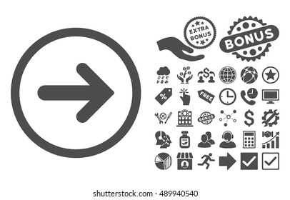 Arrow Right icon with bonus pictogram. Vector illustration style is flat iconic symbols, gray color, white background.