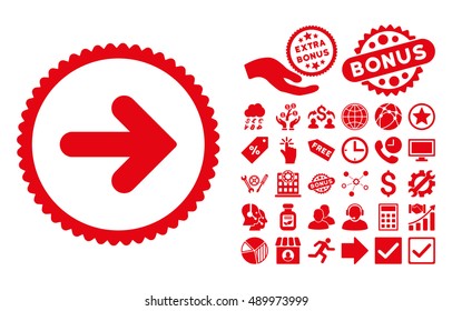 Arrow Right icon with bonus pictograph collection. Vector illustration style is flat iconic symbols, red color, white background.