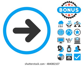 Arrow Right icon with bonus pictures. Vector illustration style is flat iconic bicolor symbols, blue and gray colors, white background.