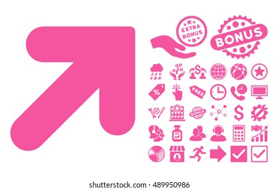 Arrow Up Right icon with bonus pictures. Vector illustration style is flat iconic symbols, pink color, white background.