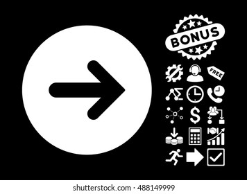 Arrow Right icon with bonus icon set. Vector illustration style is flat iconic symbols, white color, black background.