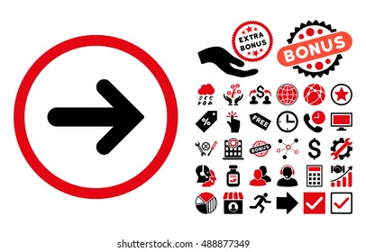 Arrow Right icon with bonus icon set. Vector illustration style is flat iconic bicolor symbols, intensive red and black colors, white background.