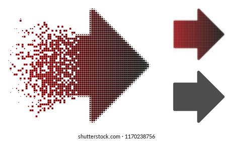 Arrow right icon in dissolved, pixelated halftone and undamaged whole versions. Points are grouped into vector dissolving arrow right icon.