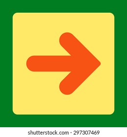 Arrow Right icon from Primitive Buttons OverColor Set. This rounded square flat button is drawn with orange and yellow colors on a green background.