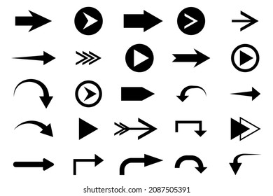 Arrow right icon set. Big collection. Black elements. Navigation concept. Flat design. Vector illustration. Stock image. EPS 10.