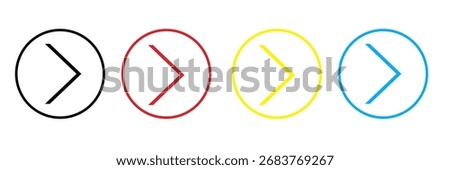 Arrow right icon set in four colors black yellow red and blue inside circles perfect for app UI navigation forward direction web design digital projects modern vector EPS icons for buttons interface a
