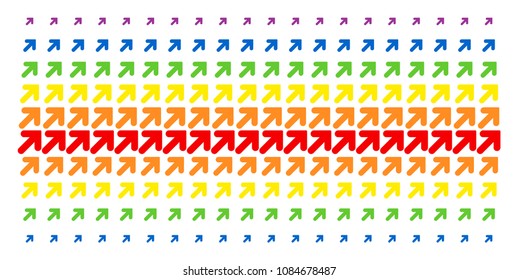 Arrow Up Right icon spectrum halftone pattern. Vector items arranged into halftone grid with vertical rainbow colors gradient. Constructed for backgrounds, covers, templates and abstraction effects.