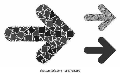 Arrow right mosaic of bumpy pieces in different sizes and shades, based on arrow right icon. Vector bumpy pieces are grouped into mosaic. Arrow right icons collage with dotted pattern.