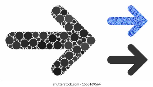 Arrow right mosaic of filled circles in variable sizes and shades, based on arrow right icon. Vector dots are combined into blue mosaic. Dotted arrow right icon in usual and blue versions.