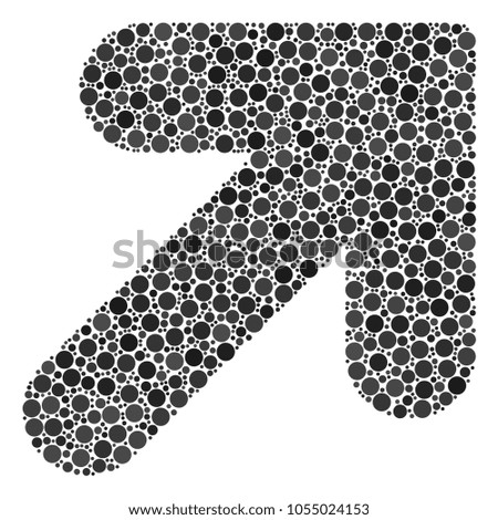 Arrow Up Right mosaic of filled circles in different sizes and color shades. Circle dots are united into arrow up right vector composition. Vector illustration.