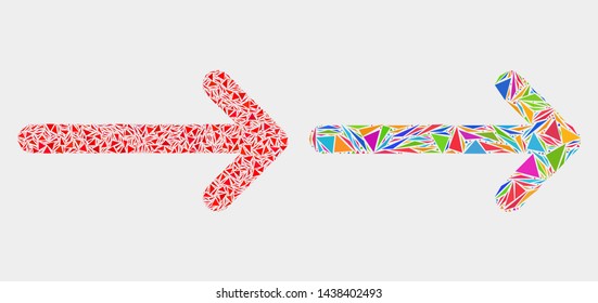 Arrow right mosaic icon of triangle items which have various sizes and shapes and colors. Geometric abstract vector design concept of arrow right.