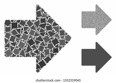 Arrow right mosaic of raggy elements in various sizes and color tinges, based on arrow right icon. Vector tuberous elements are combined into mosaic. Arrow right icons collage with dotted pattern.