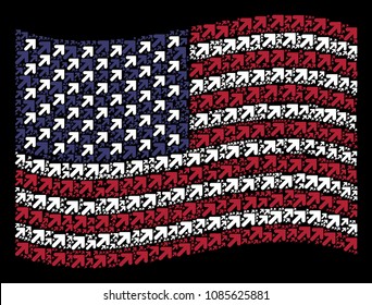Arrow up right pictograms are organized into waving United States flag stylization on a dark background. Vector composition of USA state flag is created from arrow up right elements.