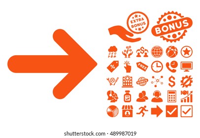 Arrow Right pictograph with bonus pictograph collection. Vector illustration style is flat iconic symbols, orange color, white background.