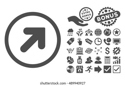 Arrow Up Right pictograph with bonus elements. Vector illustration style is flat iconic symbols, gray color, white background.