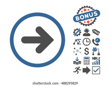 Arrow Right pictograph with bonus images. Vector illustration style is flat iconic bicolor symbols, cobalt and gray colors, white background.