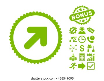 Arrow Up Right pictograph with bonus symbols. Vector illustration style is flat iconic symbols, eco green color, white background.