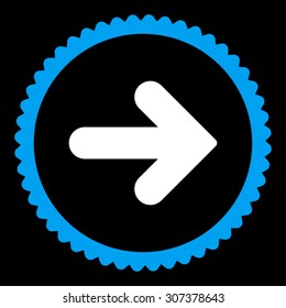 Arrow Right round stamp icon. This flat vector symbol is drawn with blue and white colors on a black background.