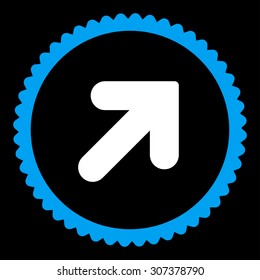 Arrow Up Right round stamp icon. This flat vector symbol is drawn with blue and white colors on a black background.