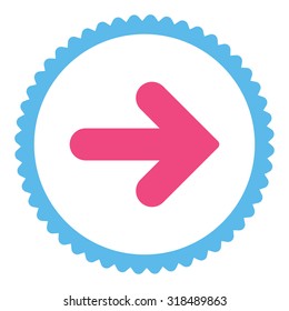 Arrow Right round stamp icon. This flat vector symbol is drawn with pink and blue colors on a white background.