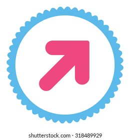 Arrow Up Right round stamp icon. This flat vector symbol is drawn with pink and blue colors on a white background.