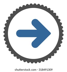 Arrow Right round stamp icon. This flat vector symbol is drawn with cobalt and gray colors on a white background.