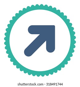 Arrow Up Right round stamp icon. This flat vector symbol is drawn with cobalt and cyan colors on a white background.