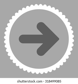 Arrow Right round stamp icon. This flat vector symbol is drawn with dark gray and white colors on a silver background.