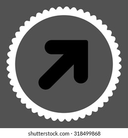 Arrow Up Right round stamp icon. This flat vector symbol is drawn with black and white colors on a gray background.