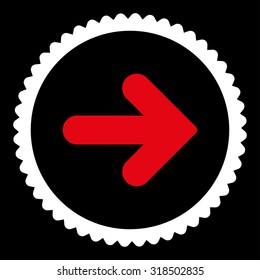 Arrow Right round stamp icon. This flat vector symbol is drawn with red and white colors on a black background.