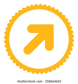 Arrow Up Right round stamp icon. This flat vector symbol is drawn with yellow color on a white background.