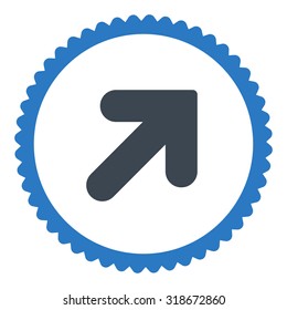 Arrow Up Right round stamp icon. This flat vector symbol is drawn with smooth blue colors on a white background.