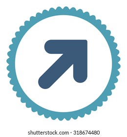Arrow Up Right round stamp icon. This flat vector symbol is drawn with cyan and blue colors on a white background.