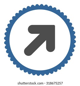 Arrow Up Right round stamp icon. This flat vector symbol is drawn with cobalt and gray colors on a white background.