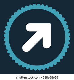 Arrow Up Right round stamp icon. This flat vector symbol is drawn with blue and white colors on a dark blue background.
